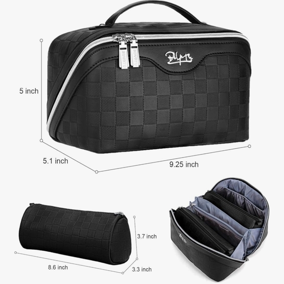 Black Checkered Toiletry Bag With Multiple Compartments - Picture 3 of 16
